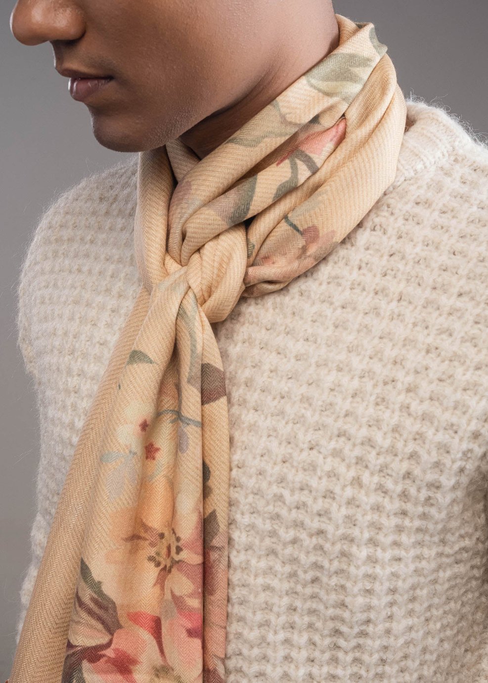 Elegant Merino wool and silk shawl draped over shoulders,perfect for women's evening wear